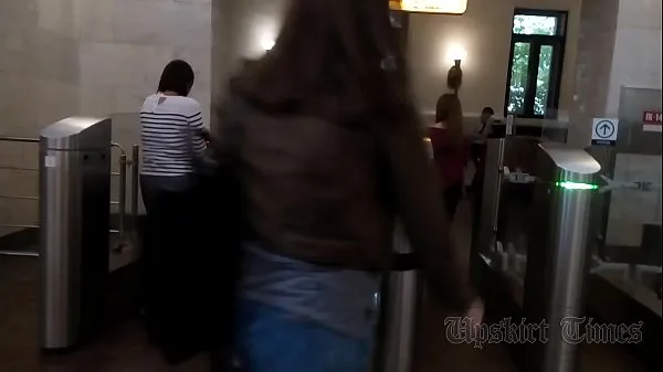 HD Upskirt of a slender girl on an escalator in the subway mega Clips