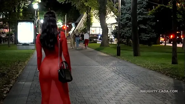 HD Red transparent dress in public mega Clips