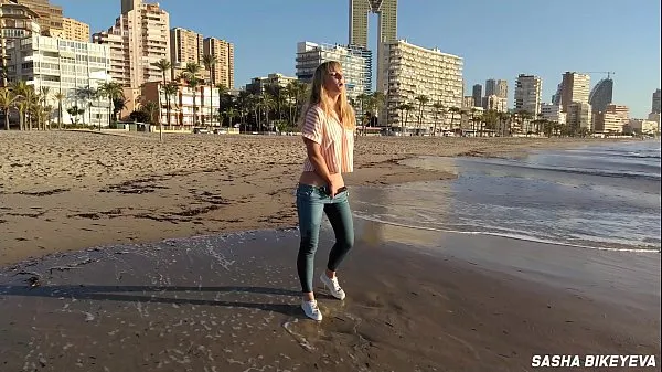 HD Wet shoot on a public beach with Crazy Model. Risky outdoor masturbation. Foot fetish. Pee in jeans mega Clips