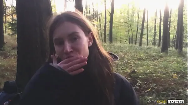 HD Young shy Russian girl gives a blowjob in a German forest and swallow sperm in POV (first homemade porn from family archive mega Clips